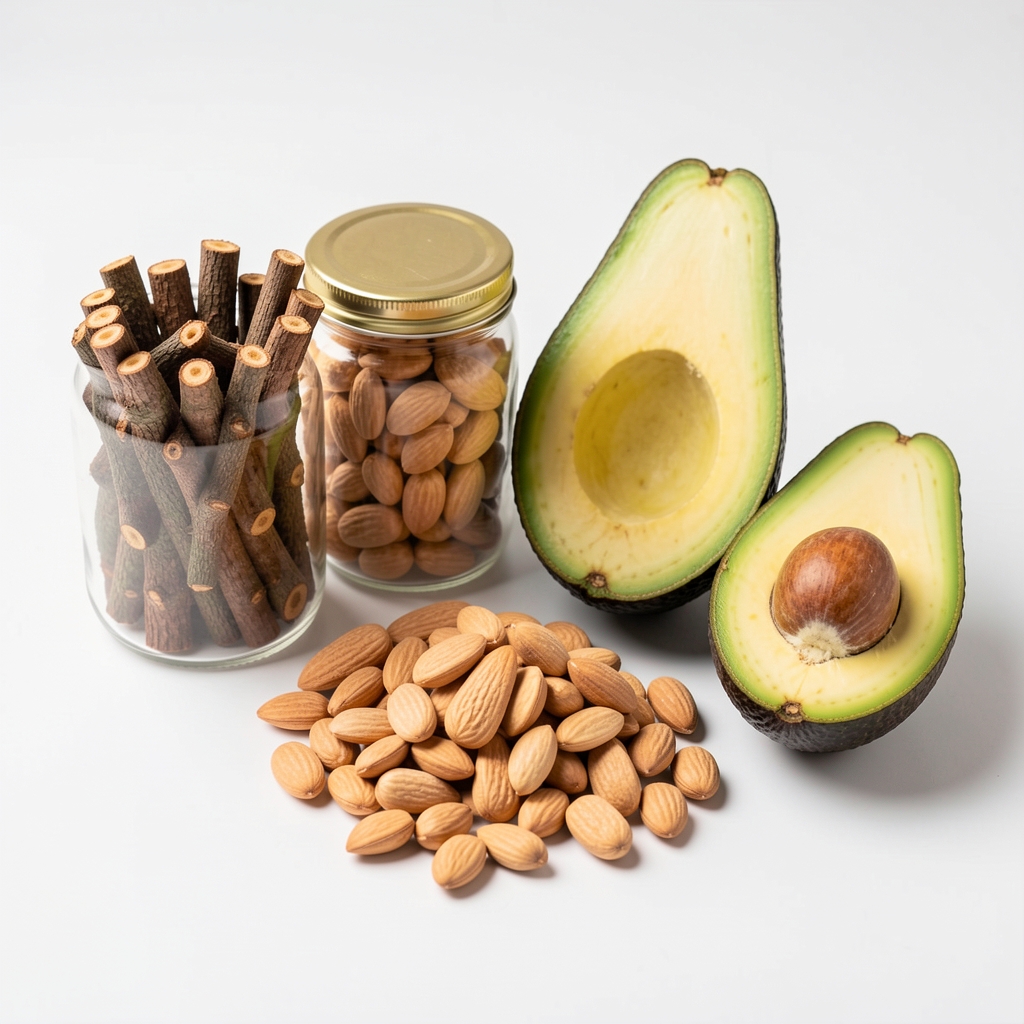 Različite obične namirnice poput borovnica, spanaća, badema i avokada postavljene na beloj površini — svakodnevne namirnice bez posebne teatralnosti