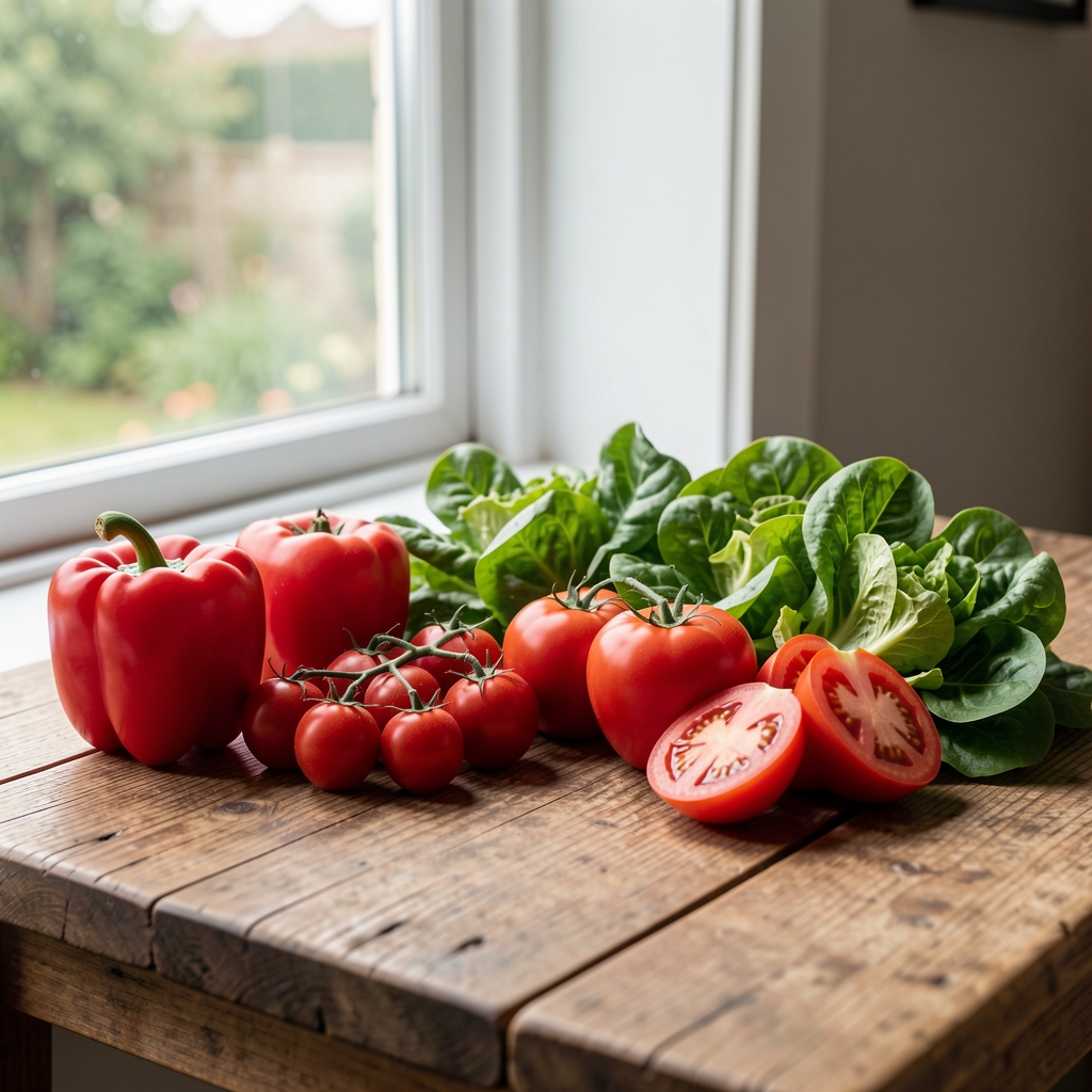 Sveže povrće i voće na drvenom stolu pored prozora sa prirodnim svetlom — crvena paprika, tikvice, paradajz, list zelene salate