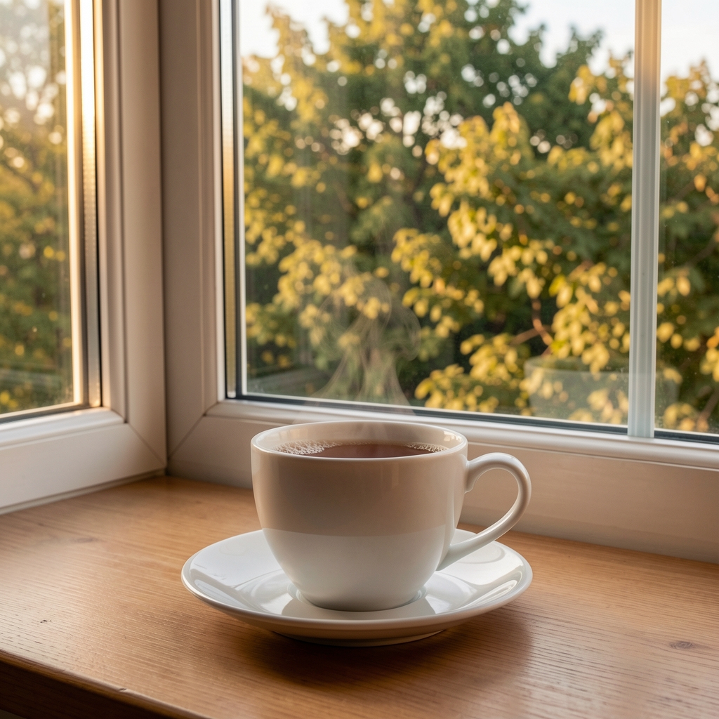 Tiha jutarnja scena — šolja čaja pored prozora sa pogledom na drveće, topla ambijentalna svetlost