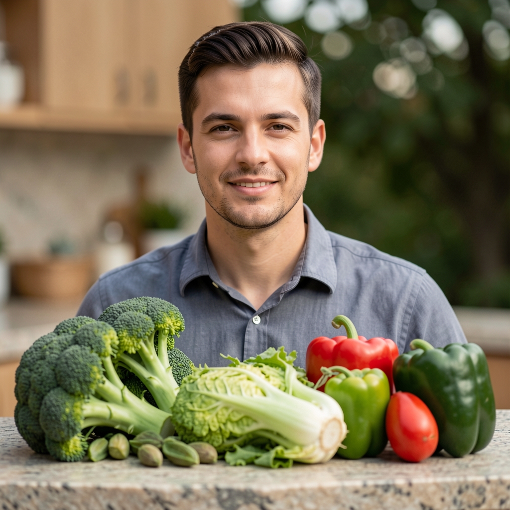 Raznovrsno svježe povrće složeno na kamenom pultu kuhinje — brokoli, šargarepa, krastavac, zelena paprika