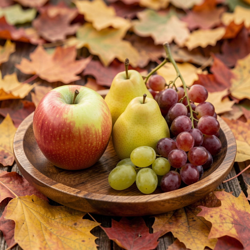 Sveža jabuka, kruška i grožđe na drvenom tanjiru pored jesenskog lišća — sezonske namirnice u prirodnom okruženju